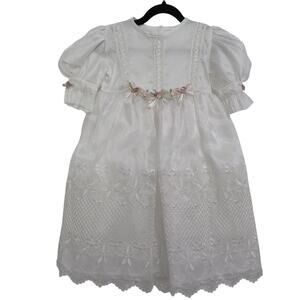 Kids Sz 3 White Baptism Christening Dress Embroidered Bows Flowers Puffy Sleeves